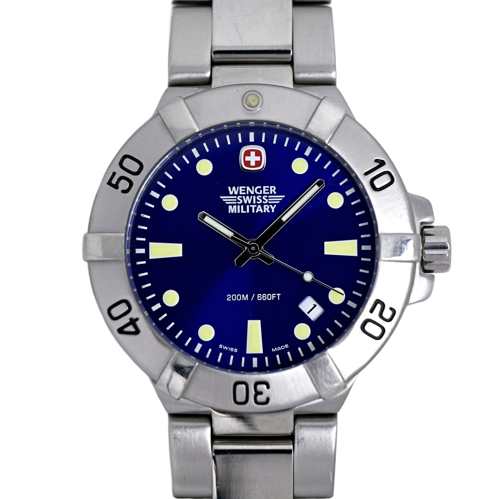 Wenger Swiss Military 1990's Men's Dive 40mm Watch Blue Sunburst Dial Ref 79178